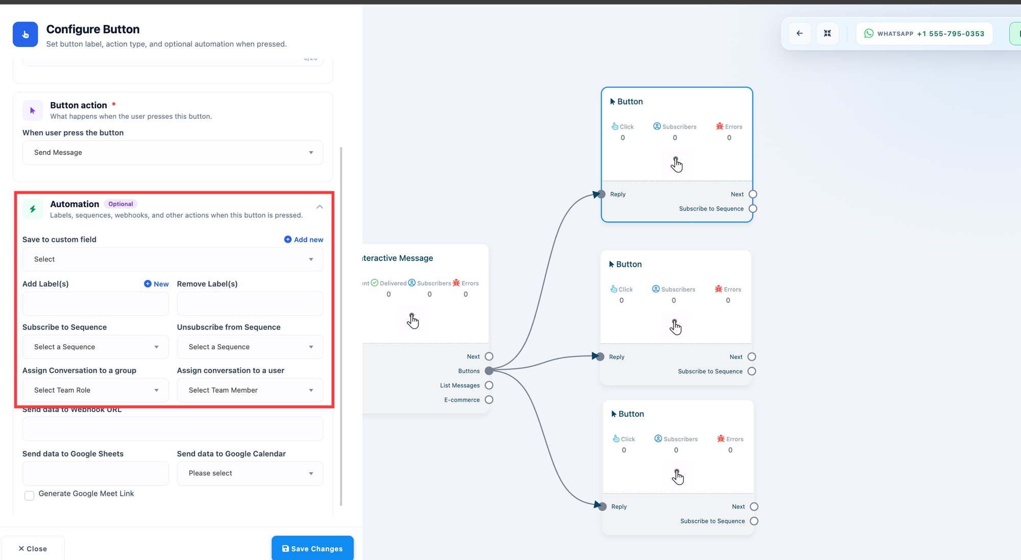 The button Automation section with Assign Conversation to a group