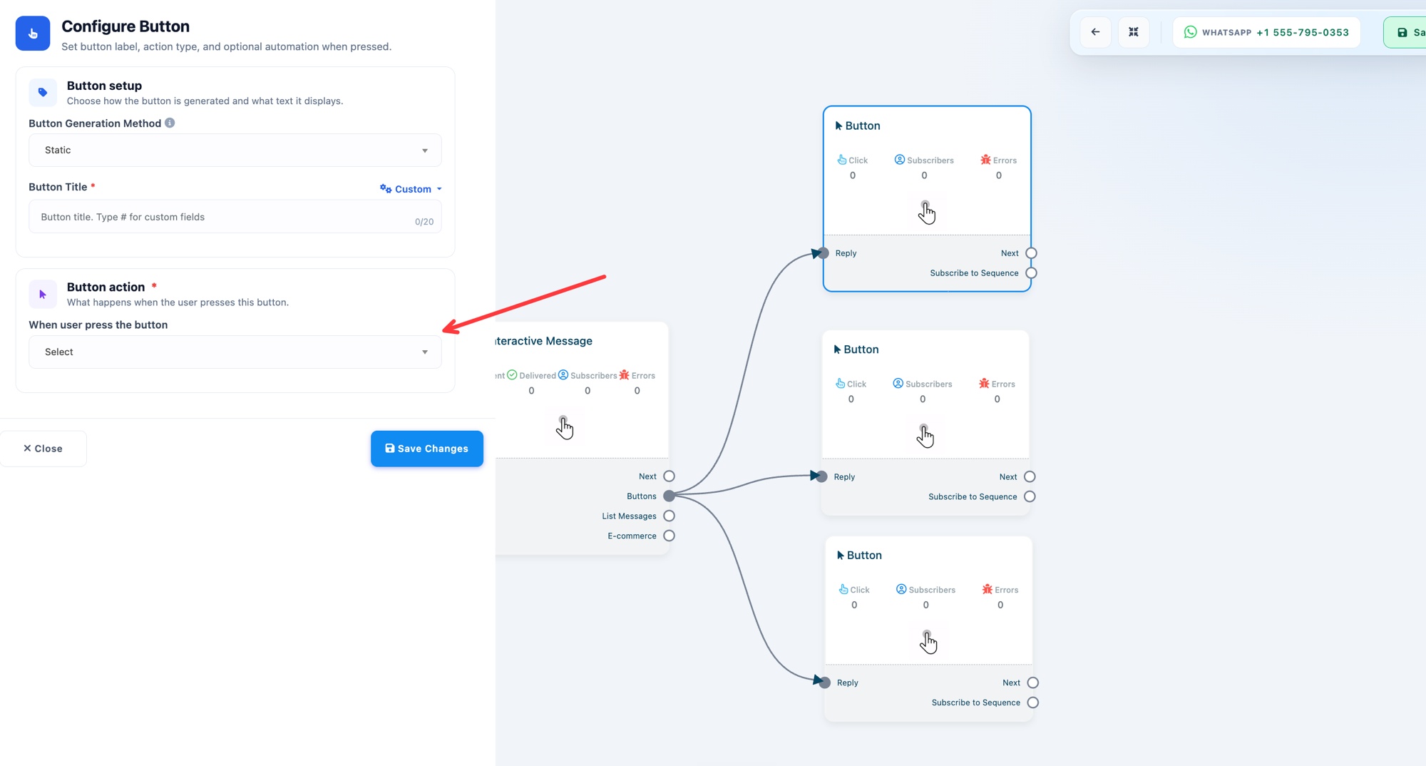 The Configure Button panel with Button Title and Button action