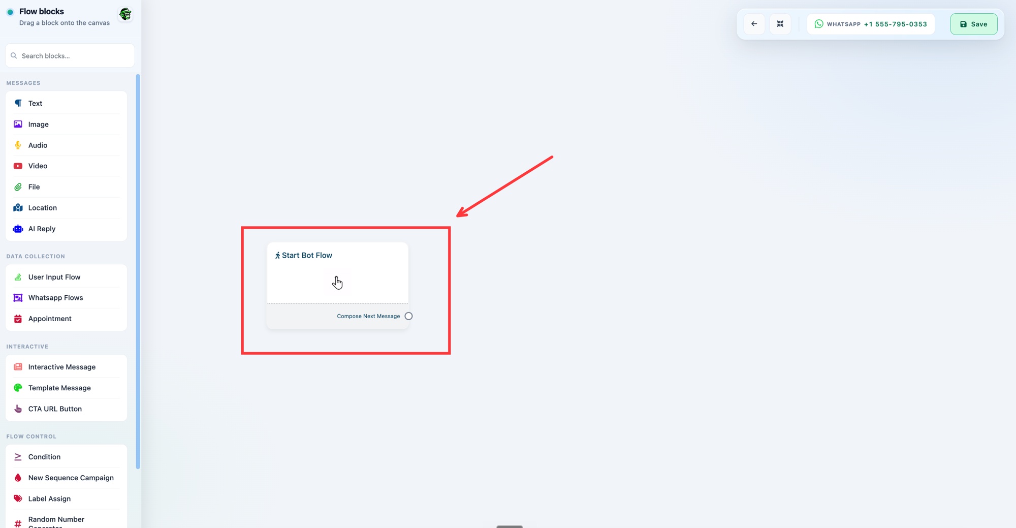 The Start Bot Flow block in the Visual Flow Builder