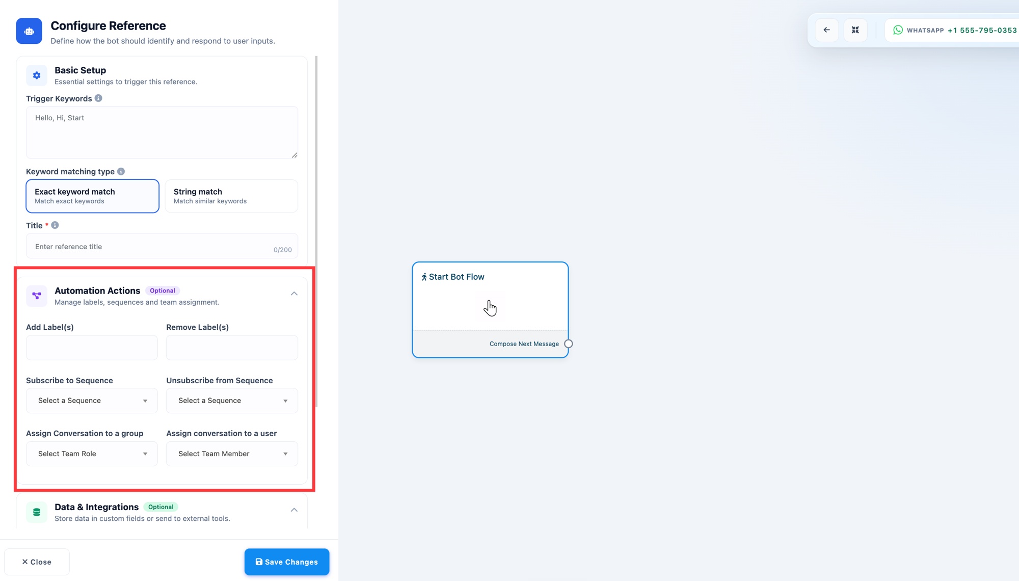 The Configure Reference panel with Trigger Keywords and Automation Actions