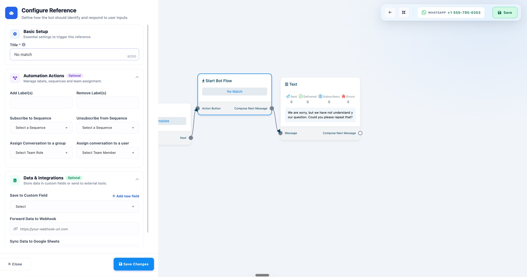 The Configure Reference panel with Automation Actions and Assign Conversation to a group