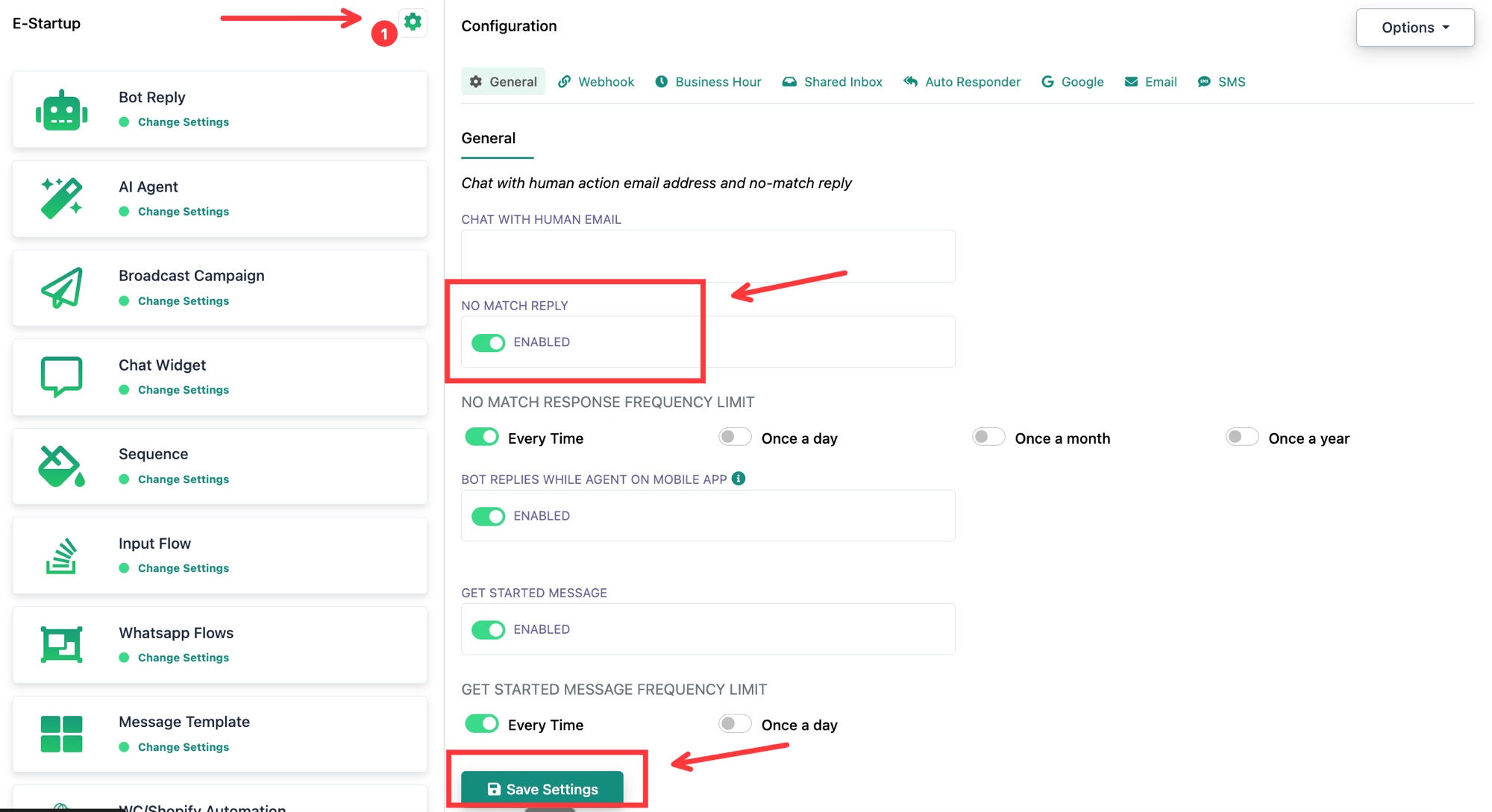 The General tab with No Match Reply enabled and the No Match Response Frequency Limit options