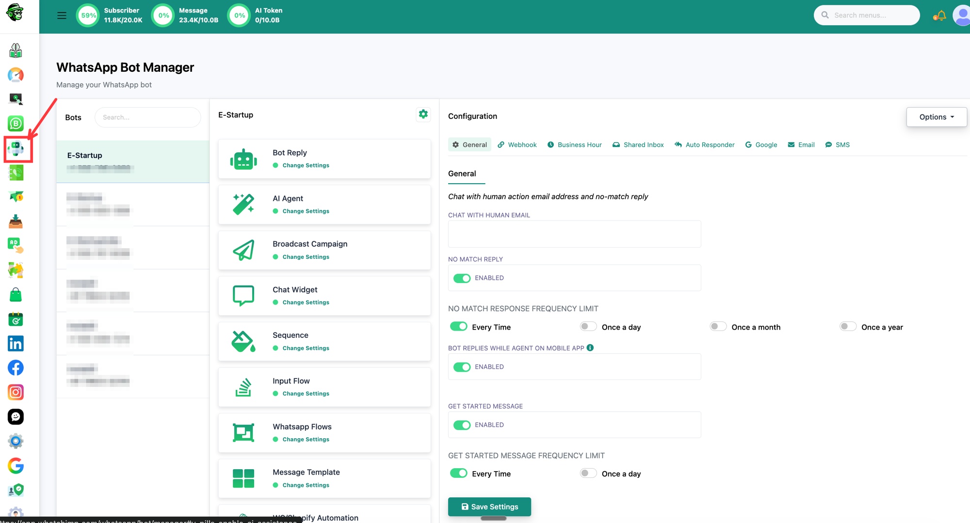 The WhatsApp Bot Manager page with the Bot Manager icon highlighted in the sidebar