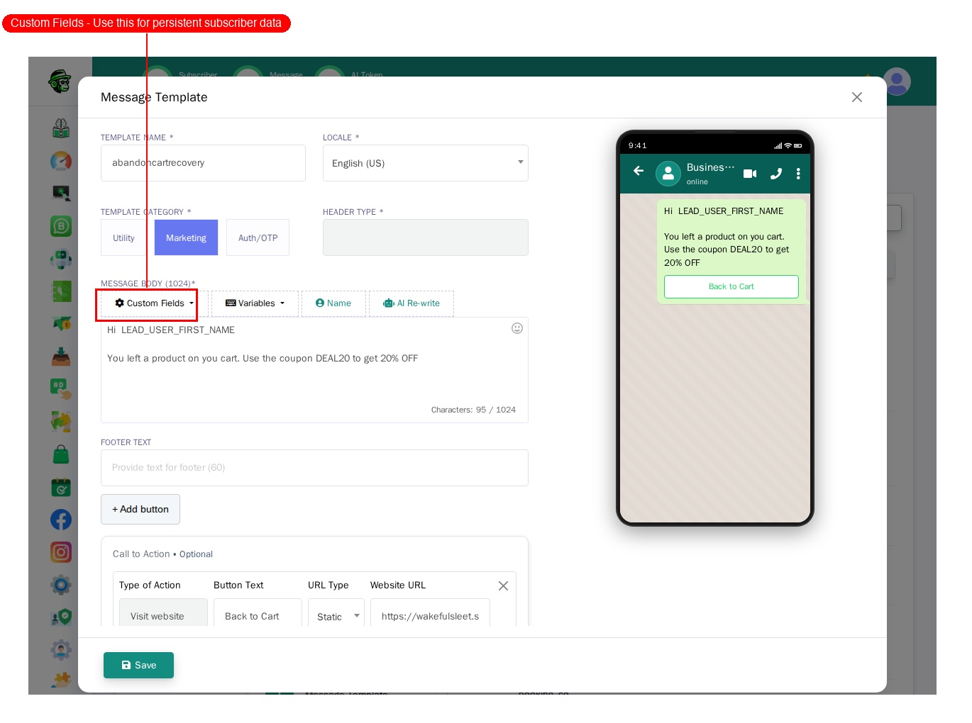 Click the Custom Fields dropdown to insert subscriber data into your template
