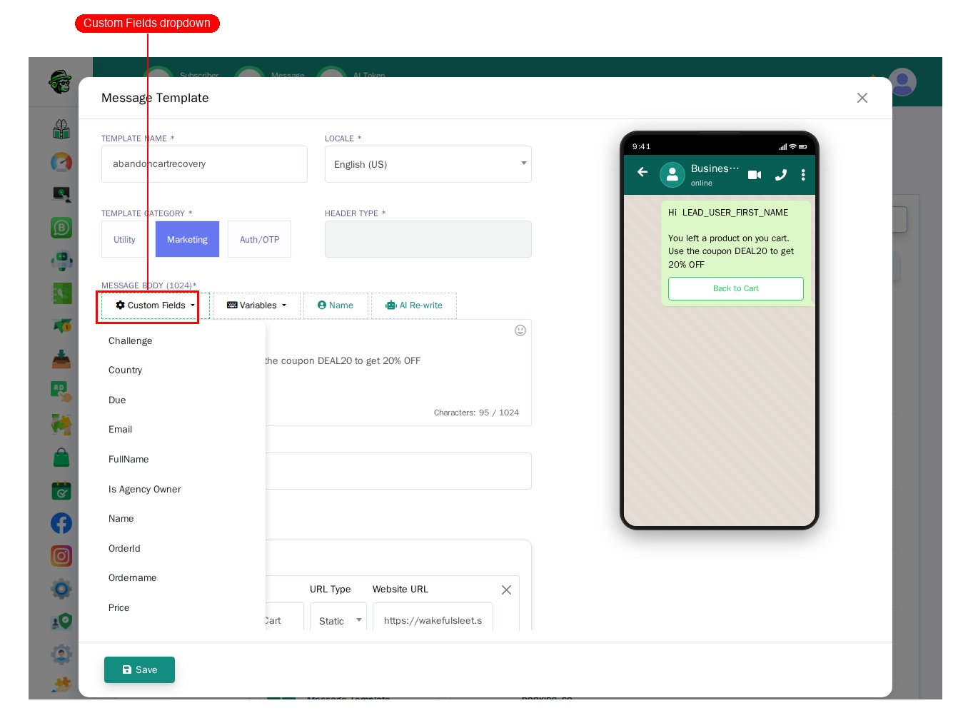 Custom Fields dropdown showing your subscriber fields