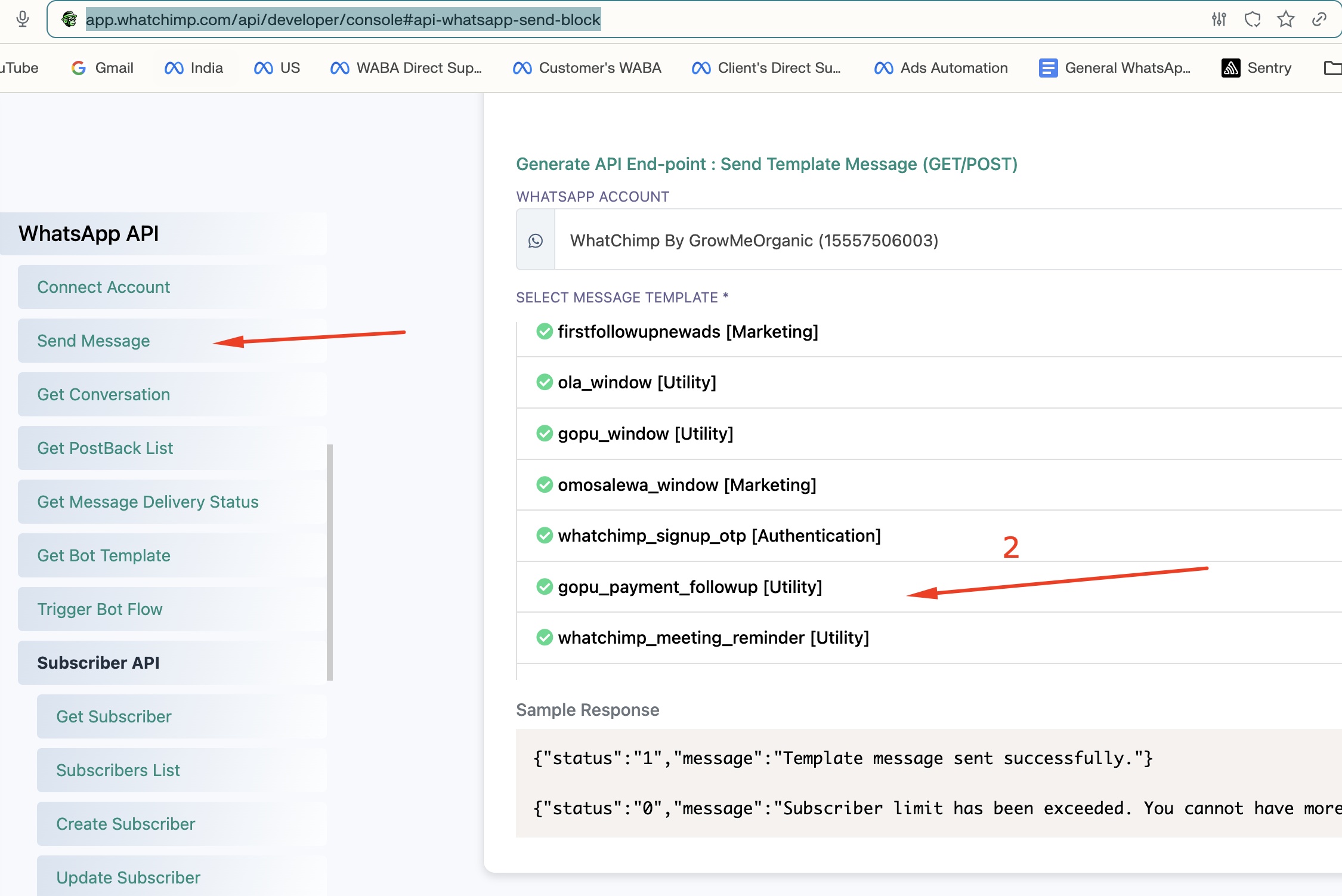 API Console — select Send Message from the sidebar, then pick your Quick Reply template from the list