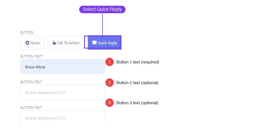 Template creation form with Quick Reply selected — the purple button selects Quick Reply mode, and you can add up to 3 button texts below