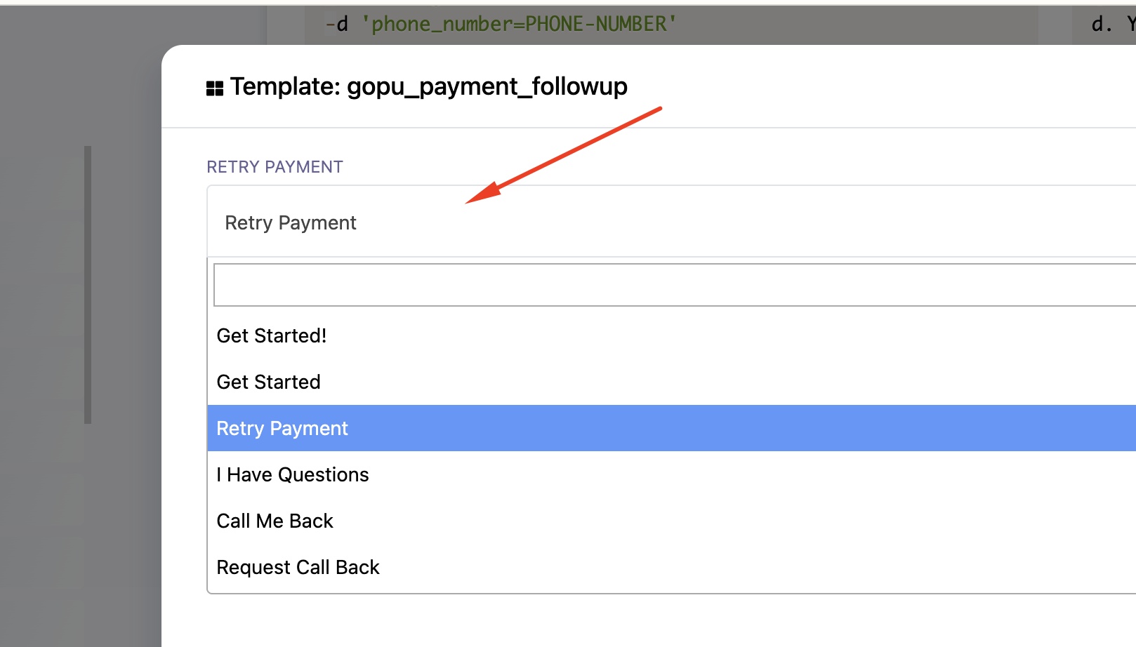Template detail showing Quick Reply button with dropdown to select a bot flow — pick the flow you want each button to trigger