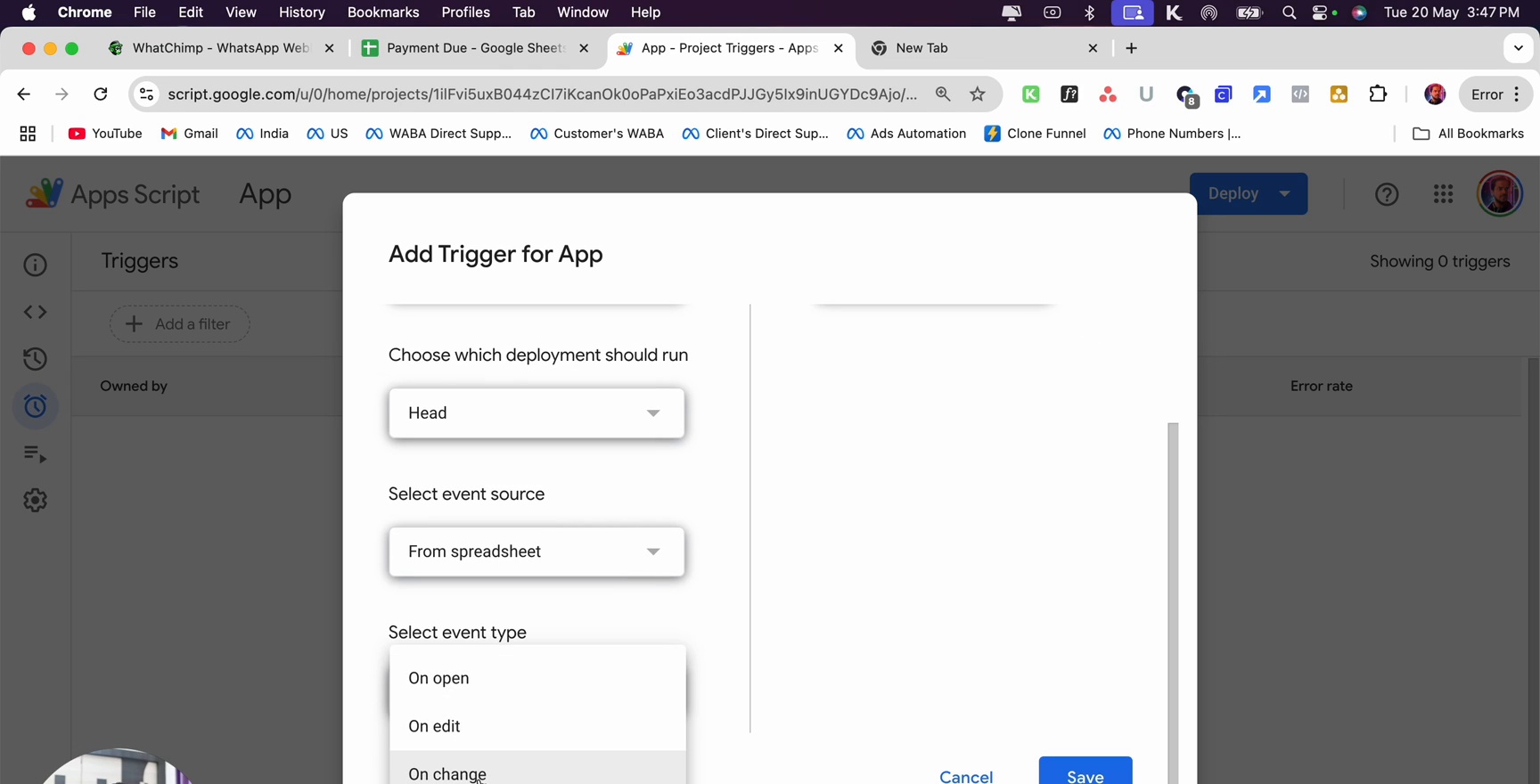 Add Trigger dialog