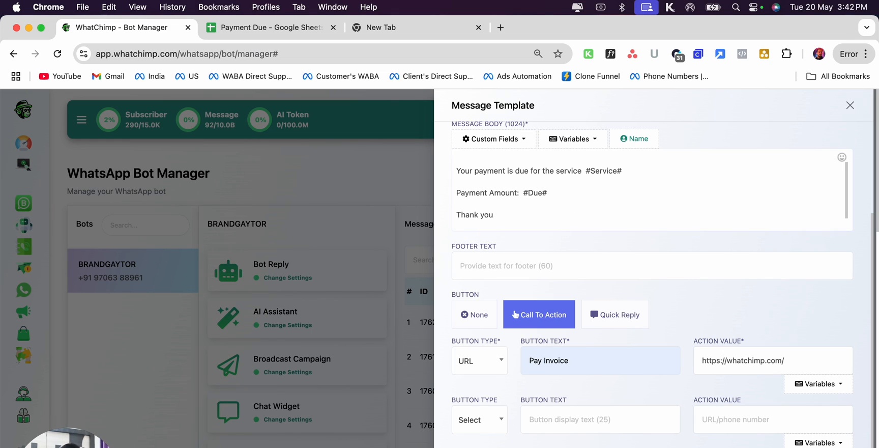 Template with variables and buttons