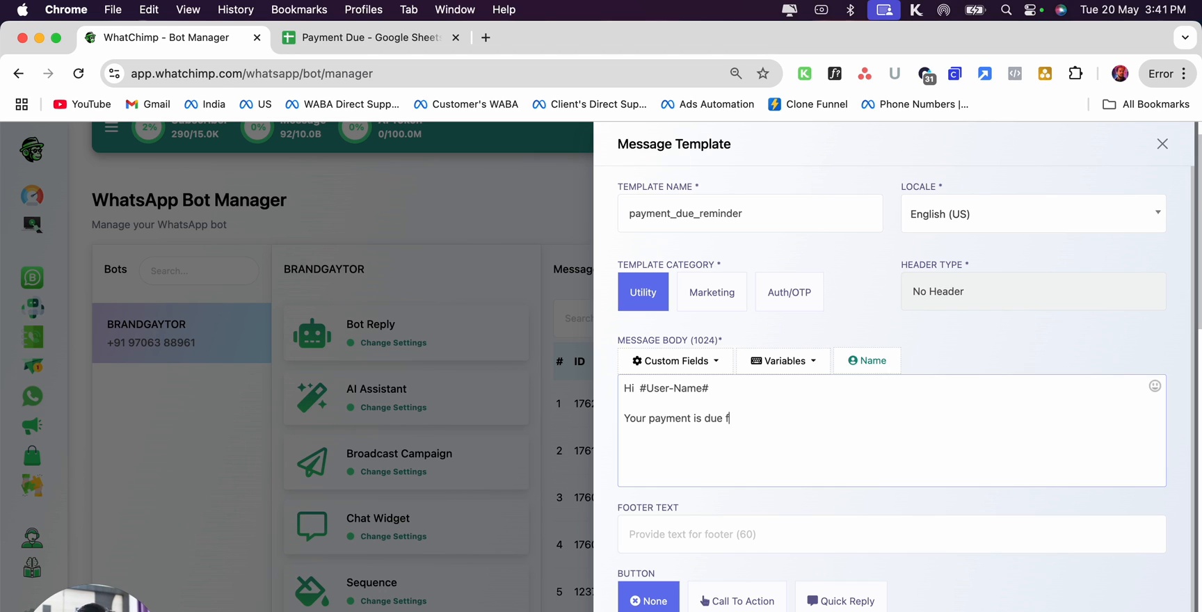 Utility Header إرسال رسائل WhatsApp من Google Spreadsheet — WhatChimp Docs