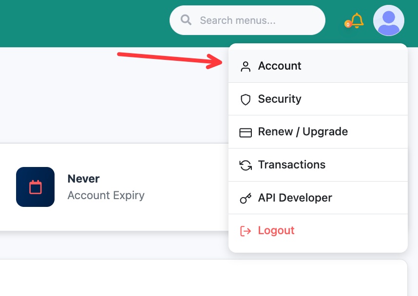 El menú de perfil con la opción Account