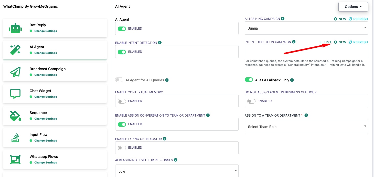 Click NEW to create a new Intent Detection Campaign
