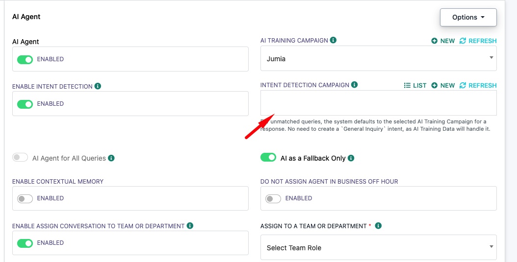 Intent Detection enabled but no campaign selected, intents will not work until you select them here