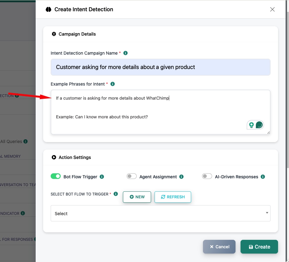 Create Intent Detection dialog, campaign name, example phrases, and action settings