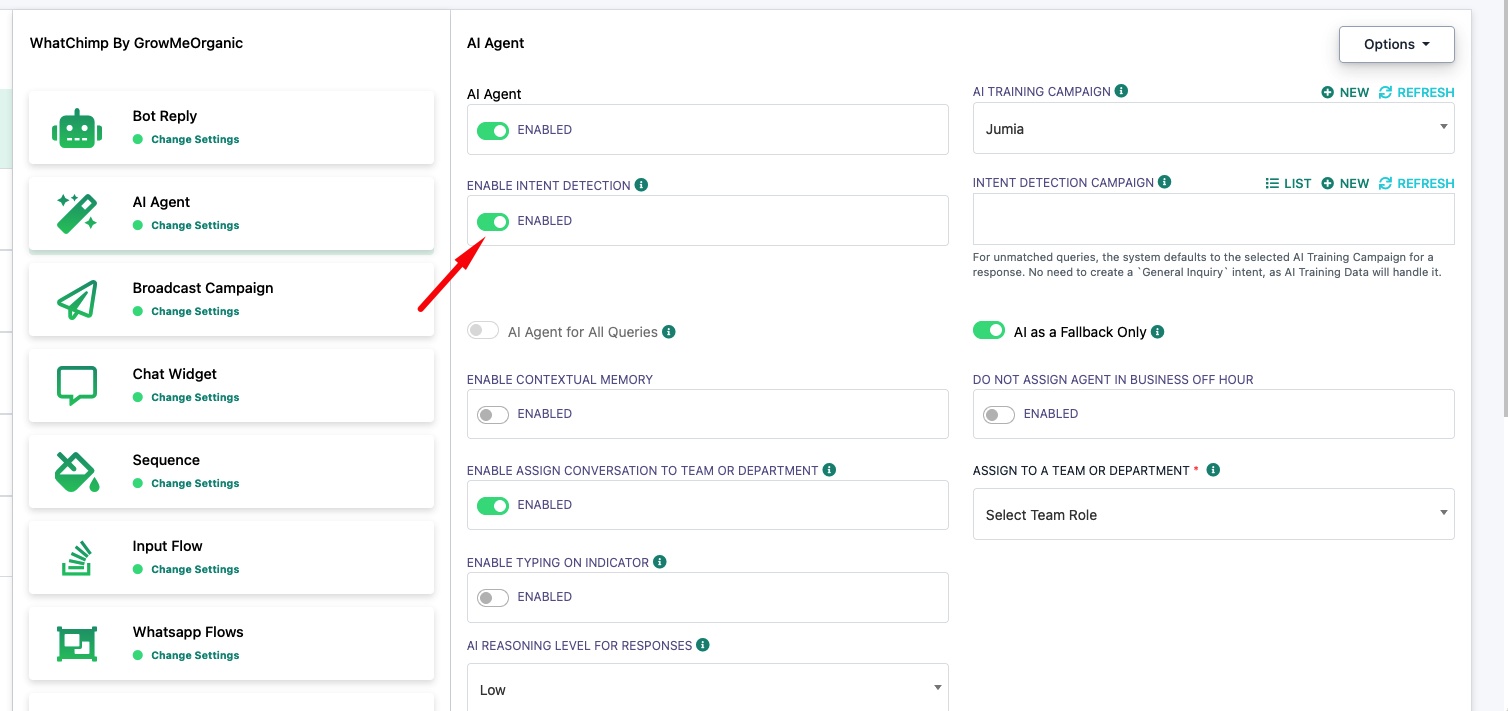 Intent Detection enabled, AI as a Fallback Only, with Intent Detection Campaign section