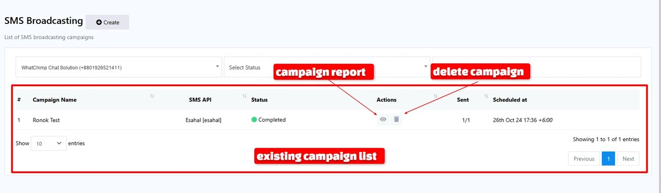 SMS Broadcasting campaign list in WhatChimp