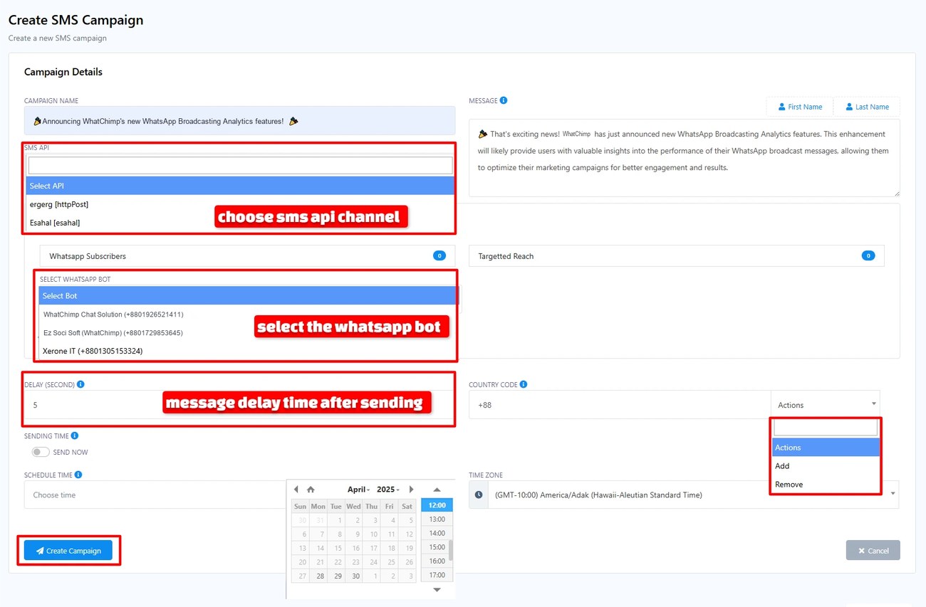 Create SMS Campaign screen in WhatChimp