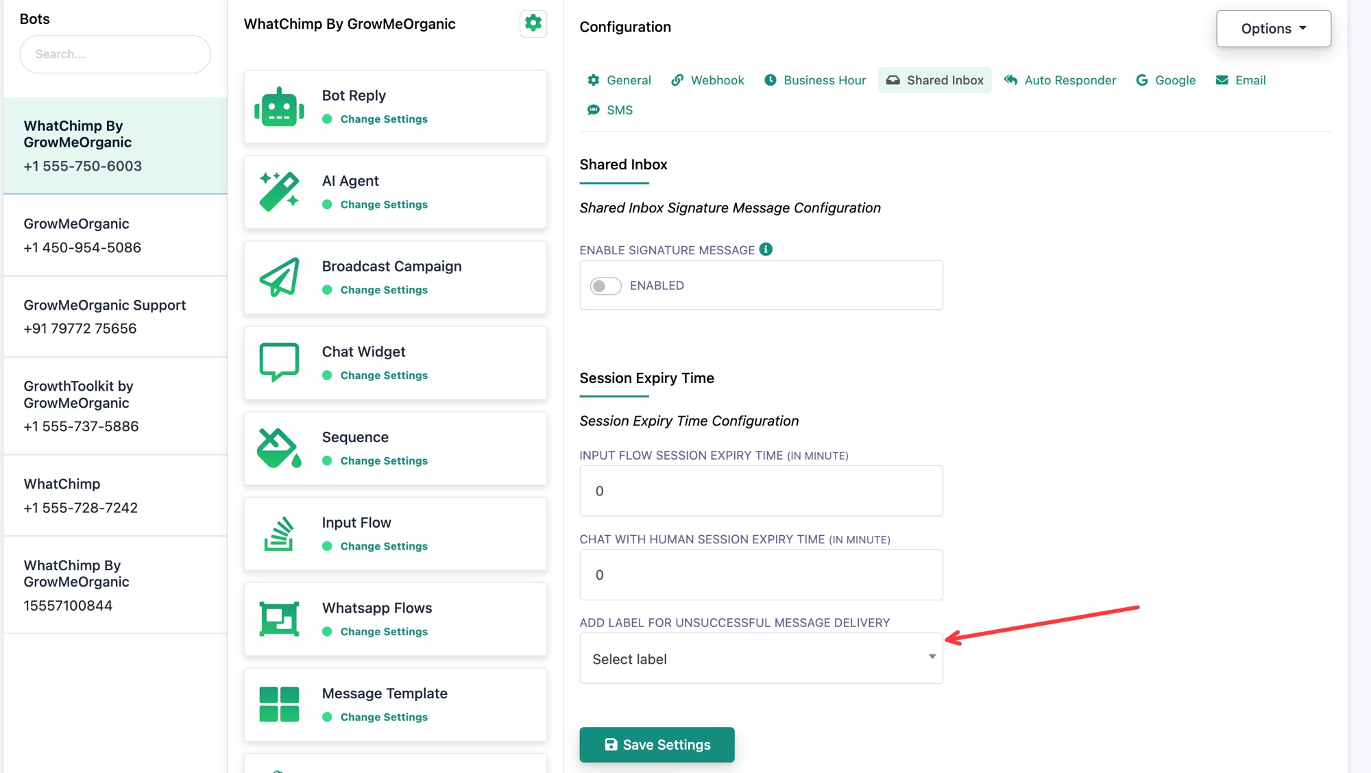 The Shared Inbox tab showing the Add Label for Unsuccessful Message Delivery dropdown and the Save Settings button