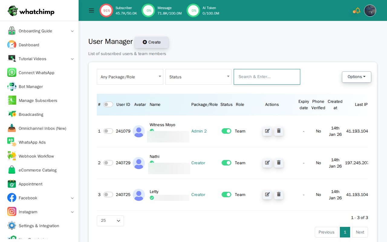 User Manager showing team members with their roles and status