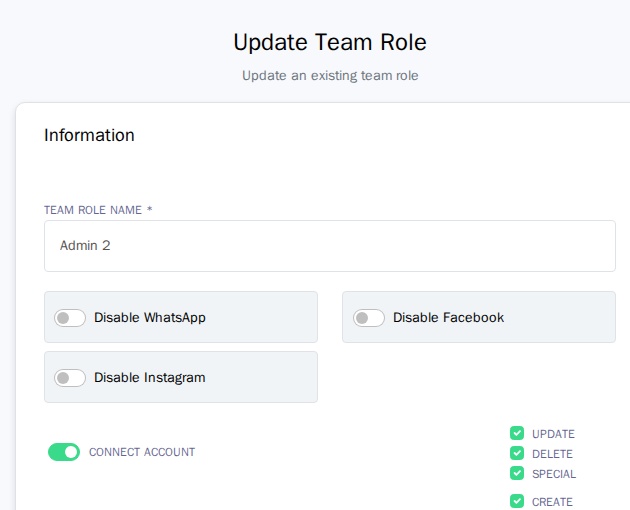 Update Team Role form showing role name and channel toggles