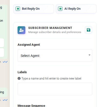 The Chat Actions panel showing bot toggles, agent assignment, labels, and more