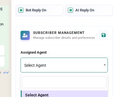 The Assigned Agent dropdown in the Chat Actions panel