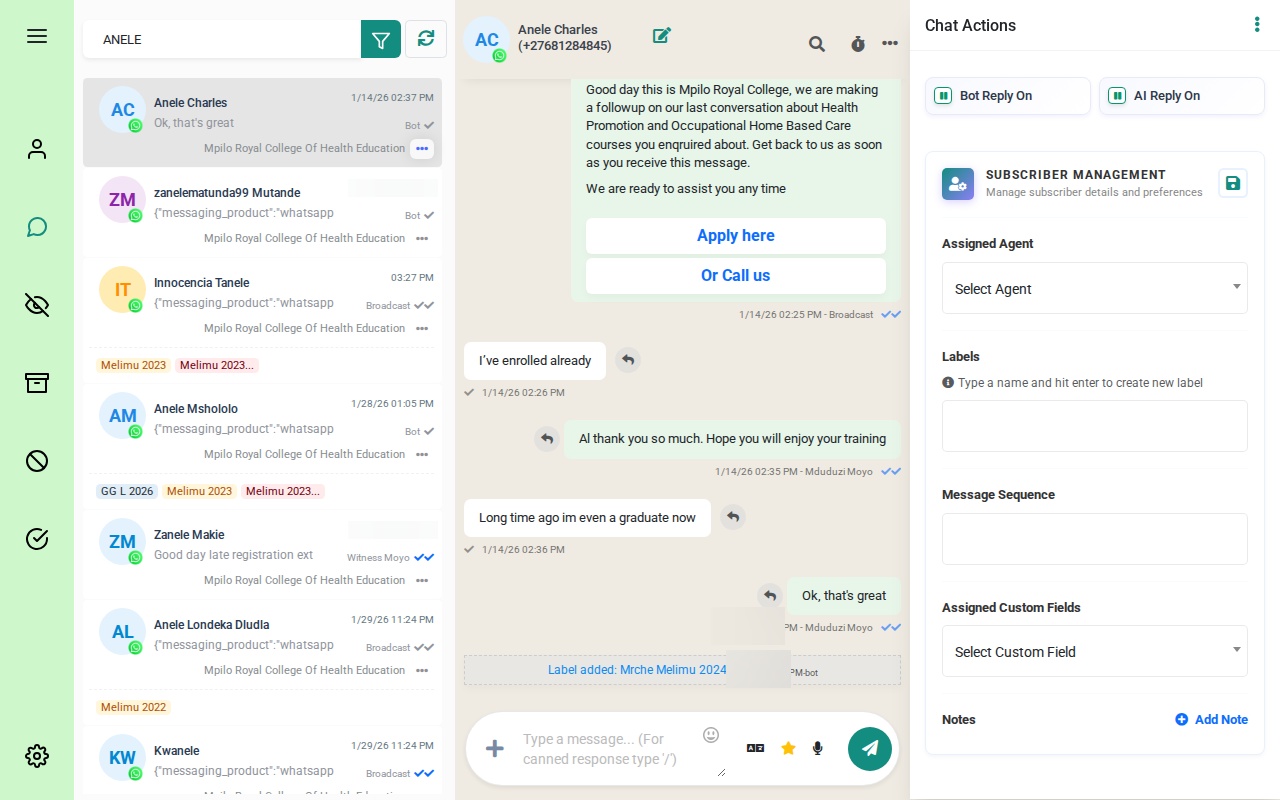 The Omnichannel Inbox showing conversations, chat area, and the Chat Actions panel