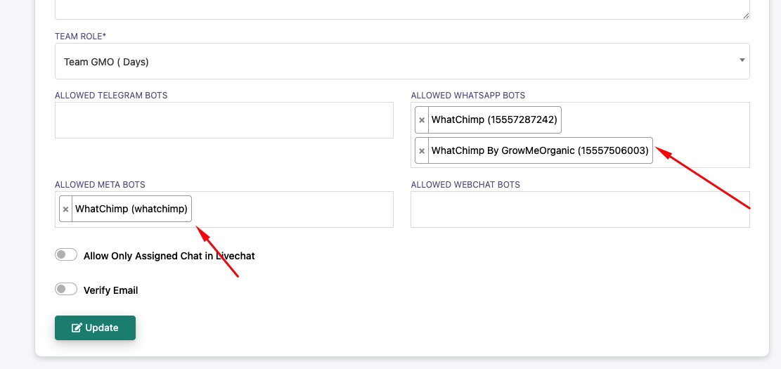 Allowed Bots settings showing WhatsApp, Meta, Telegram, and Webchat bot access controls