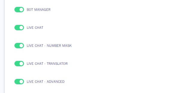 Live chat permission toggles showing Number Mask, Translator, and Advanced options