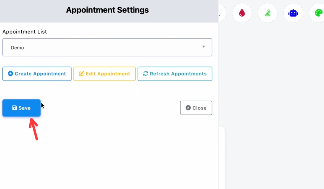 Appointment Settings con una cita seleccionada en Appointment List