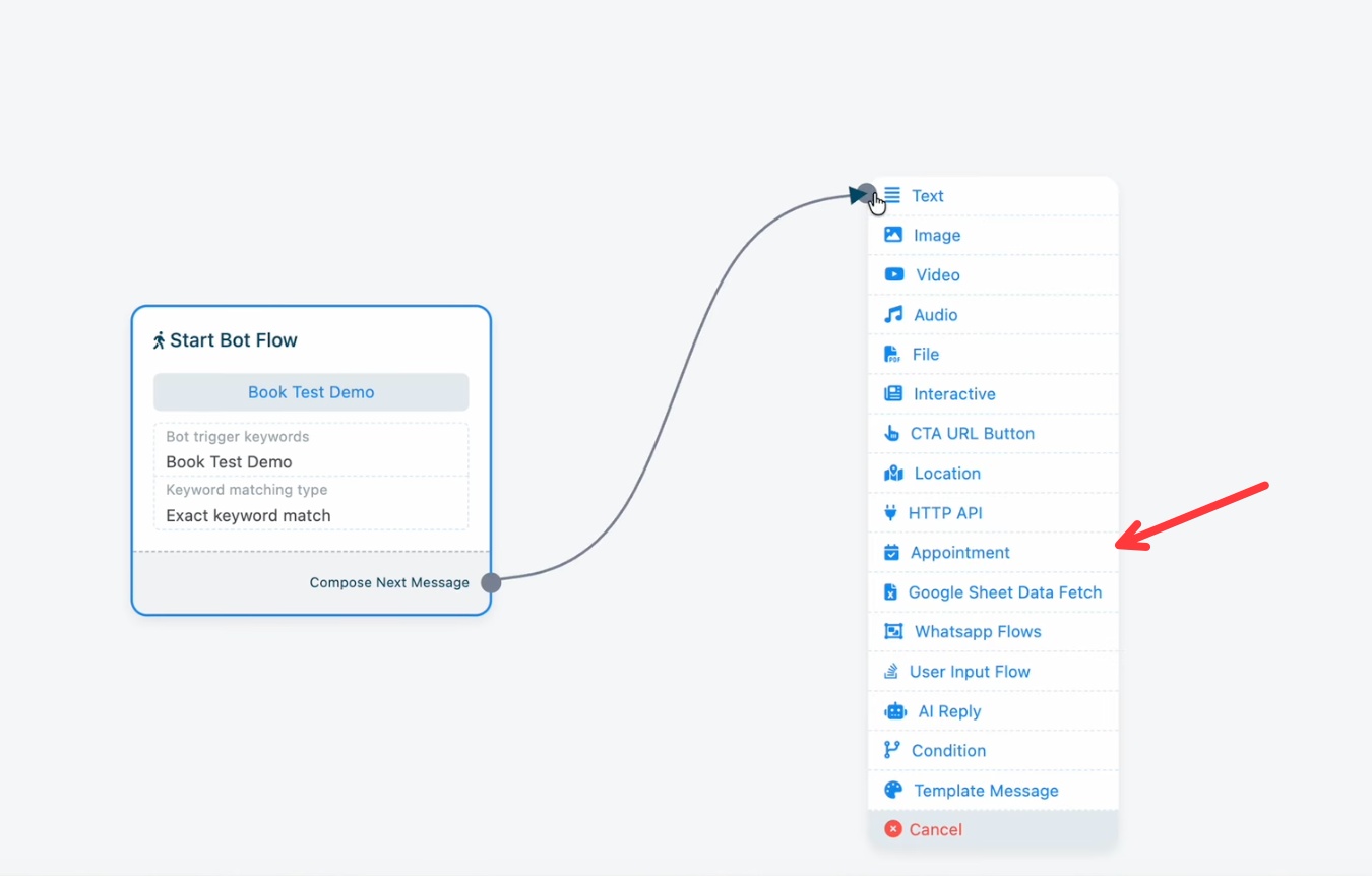 El menú de nodos del Flow Builder con la opción Appointment resaltada