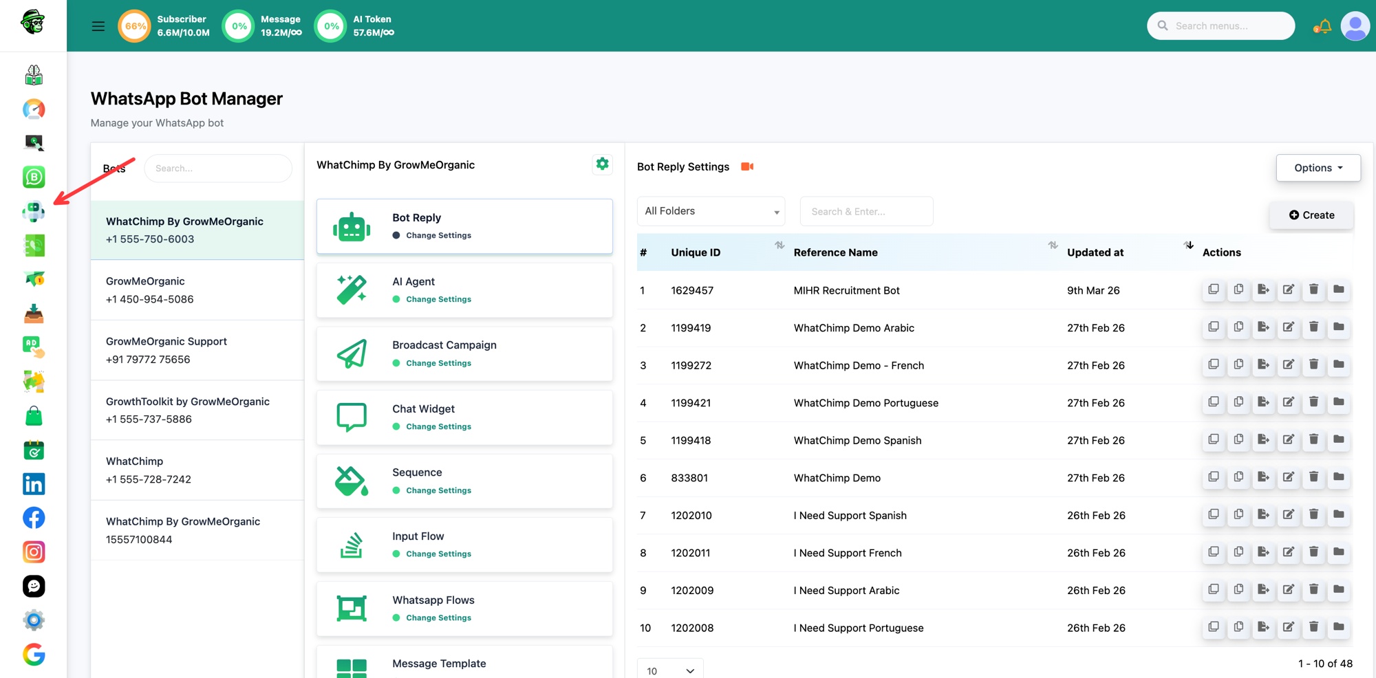 Bot Manager con la lista de Bot Reply y el botón Create