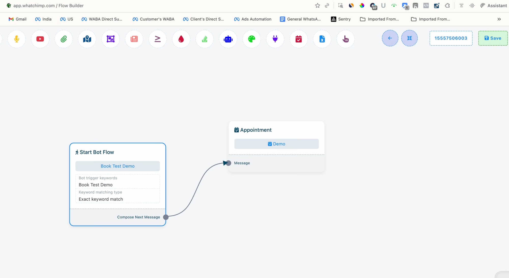 El flujo con la keyword de Start Bot Flow conectada al nodo Appointment