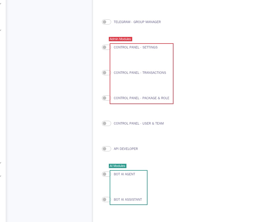 The bottom section showing admin and AI modules with the Update button