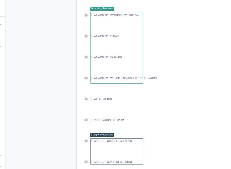 The middle section of the role editor showing WhatsApp and integration modules