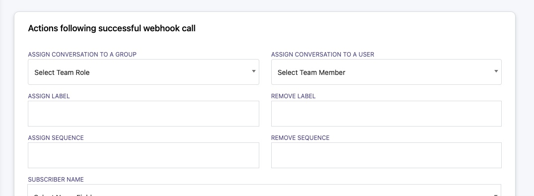Post-webhook actions — assign conversations, add labels, manage sequences