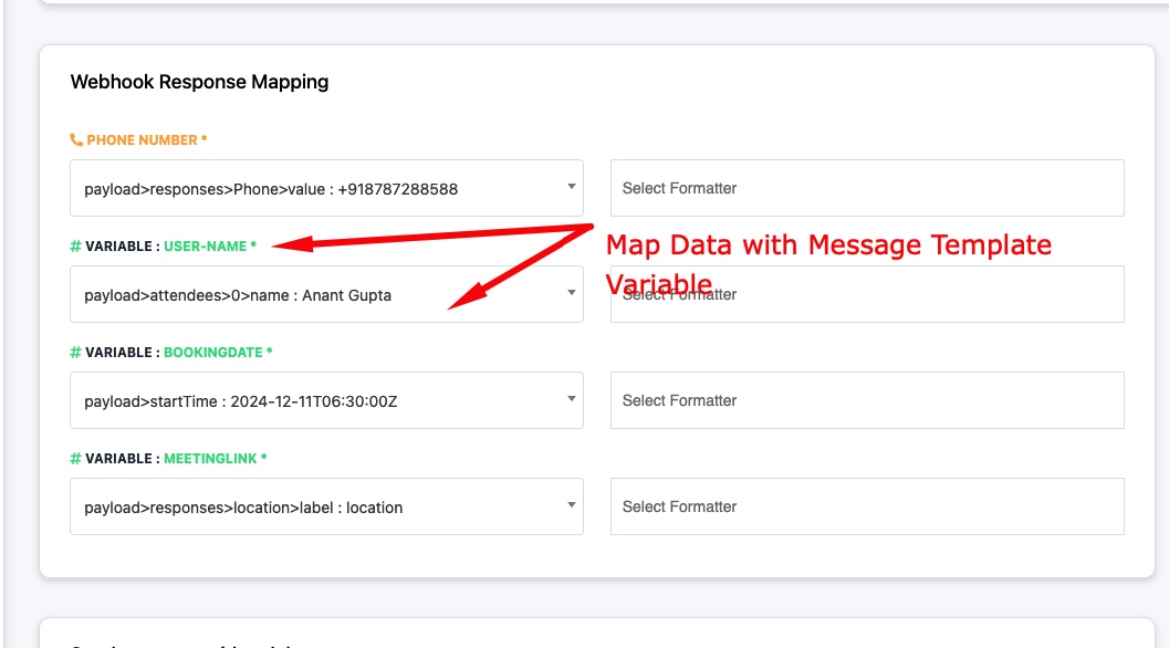 Webhook Response Mapping — map JSON fields like phone number, name, date, and link to template variables
