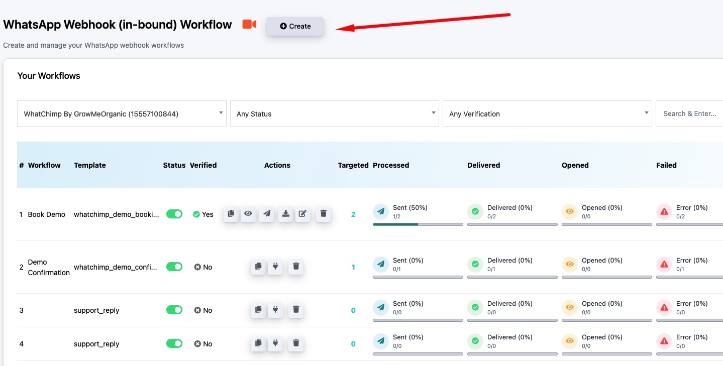 Click Create to start a new webhook workflow