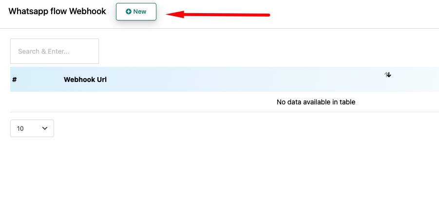 WhatsApp Flow Webhook page — click New to add a webhook URL