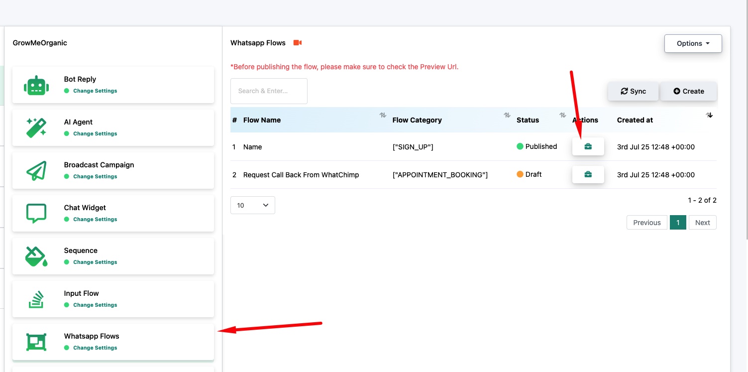 WhatsApp Flows list showing flow names, categories, status, and actions