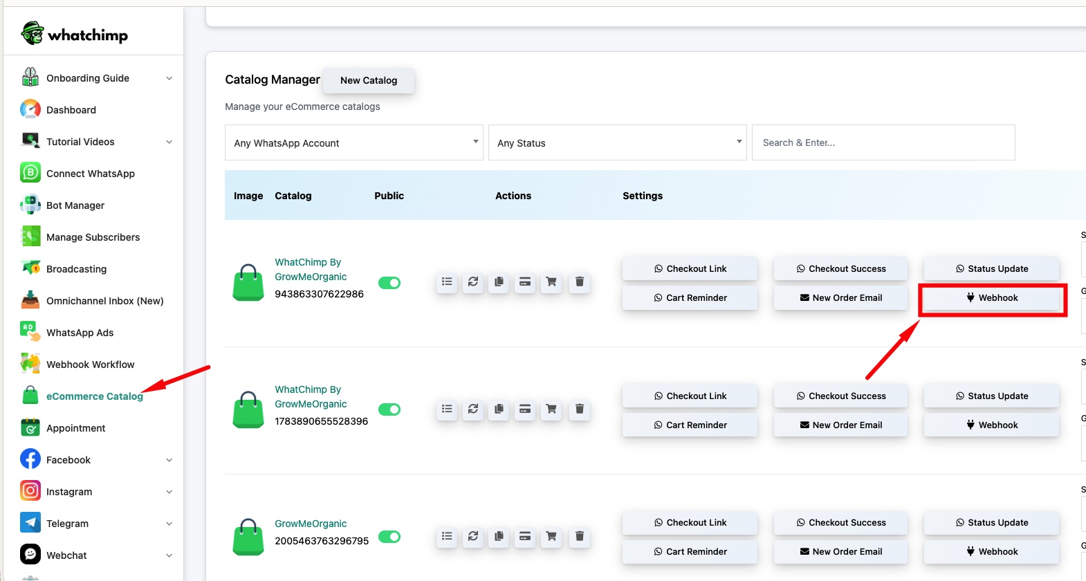 Catalog Manager showing catalogs with Webhook button highlighted