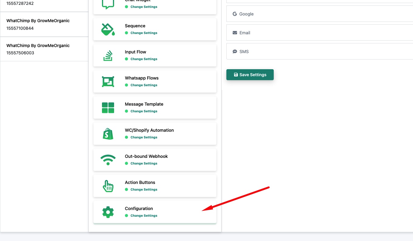 Scroll down to find Configuration at the bottom of the bot list