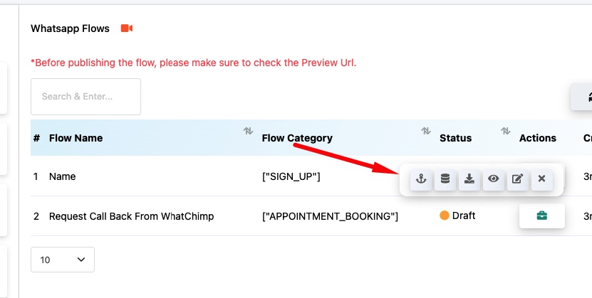Flow action icons — click to access webhook and other settings