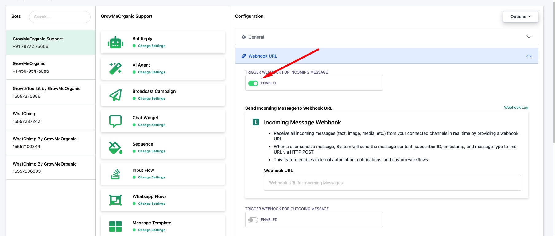 Webhook URL section — enable incoming message webhook and enter your URL