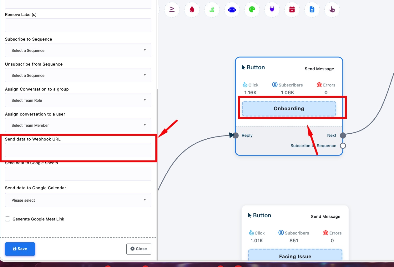 Button settings in bot flow — Send data to Webhook URL field highlighted, with bot flow showing button components