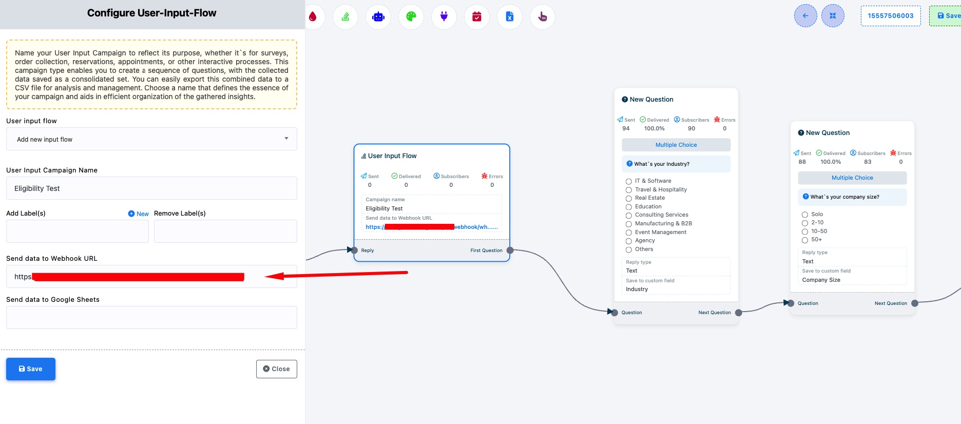 إعداد Input Flow — إعدادات الحملة على اليسار مع حقل Send data to Webhook URL، منشئ التدفق على اليمين يعرض الأسئلة والاستجابات