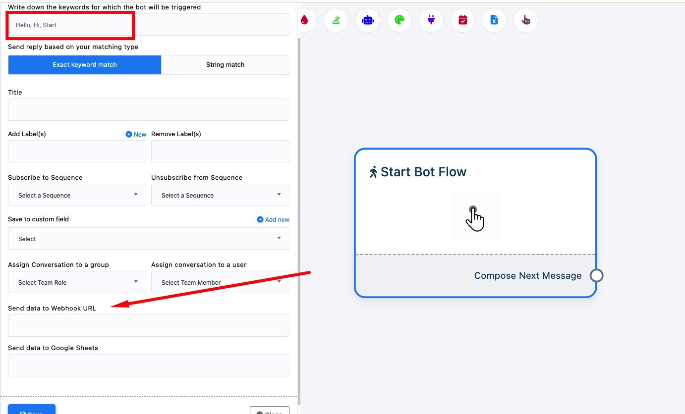 Keyword chatbot settings — enter keywords at the top, scroll down to find Send data to Webhook URL
