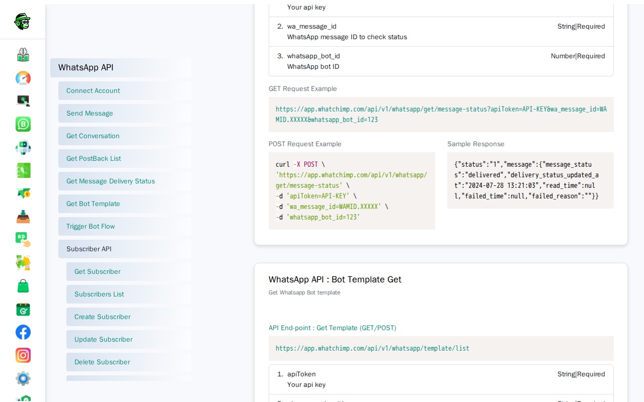 Get Bot Template endpoint in the API console showing parameters and response