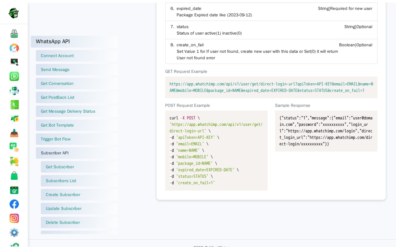 Get Direct Get Direct Login URL via WhatChimp API — WhatChimp Docs